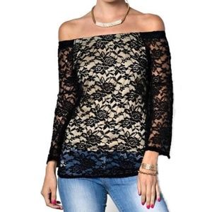 Black Flower Lace Off-the-Shoulder Top